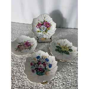 Vintage Nasco Japan Leaf Trinket Dish Set 4 Porcelain Floral Gold Gilt Scalloped